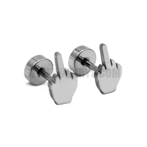 Silver Middle Finger Biker Earrings Studs Stainless Steel Jewelry Classic Biker Earring Body Piercing For Men SJE370158 - Click Image to Close
